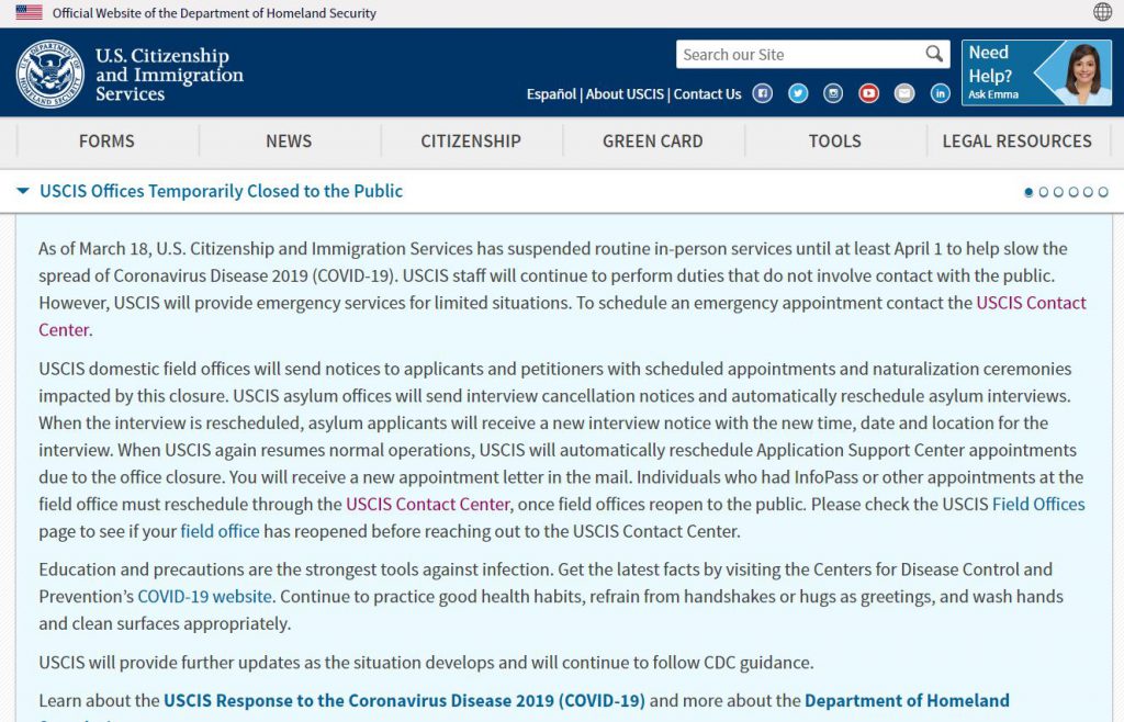 Thông báo về dịch coronavirus của USCIS